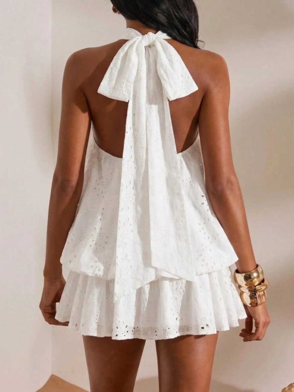 White Eyelet Halter Mini Dress - Picture 4 of 9